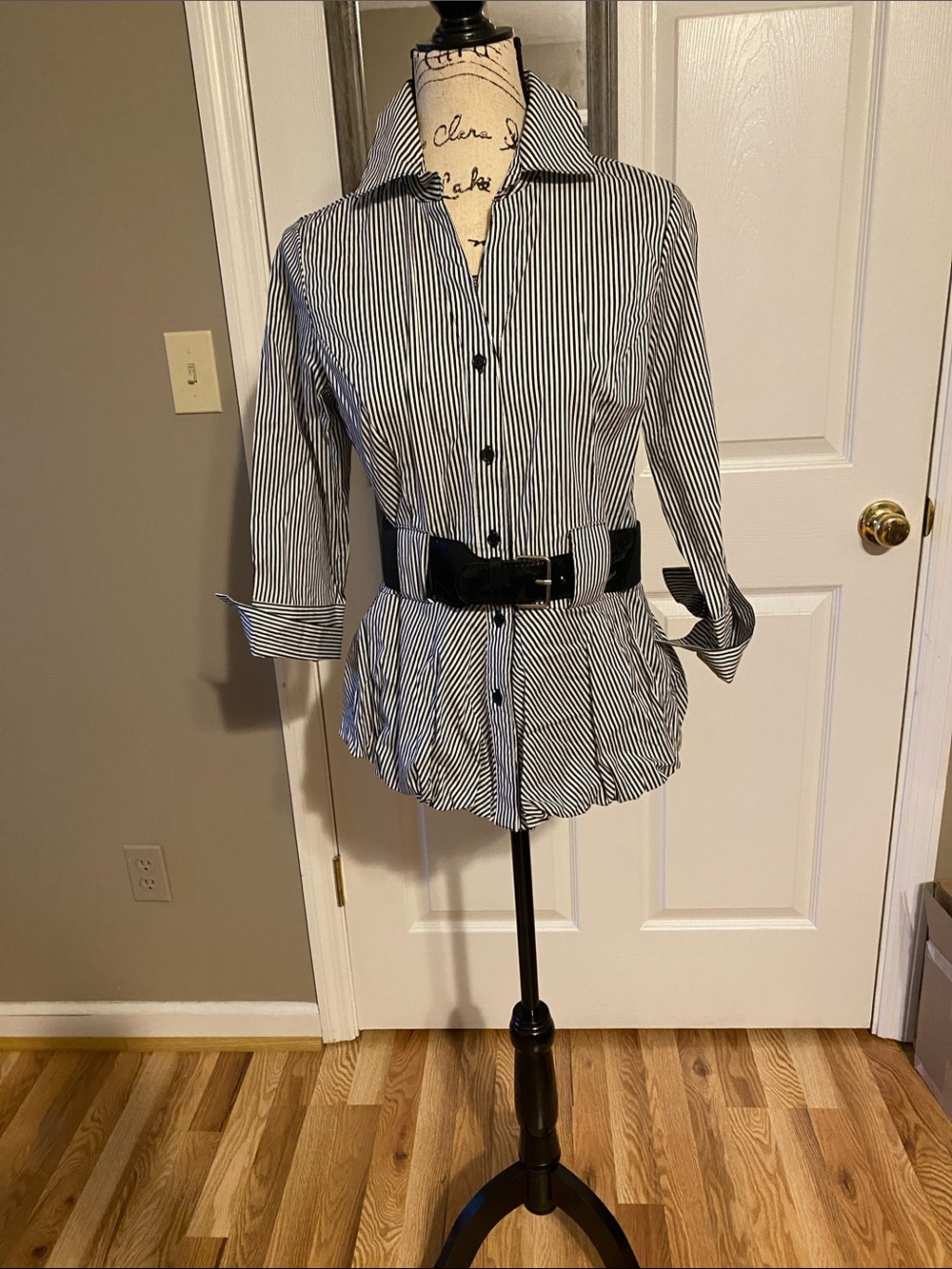 Harve Benard Black and White Striped Shirt with Wide Belt